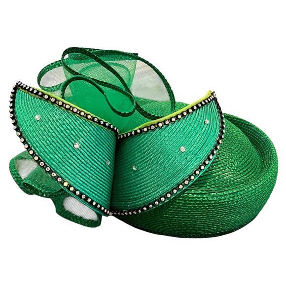 Elegant Green Fascinator Hat With Mesh & Rhinestones - Picture 2 of 9
